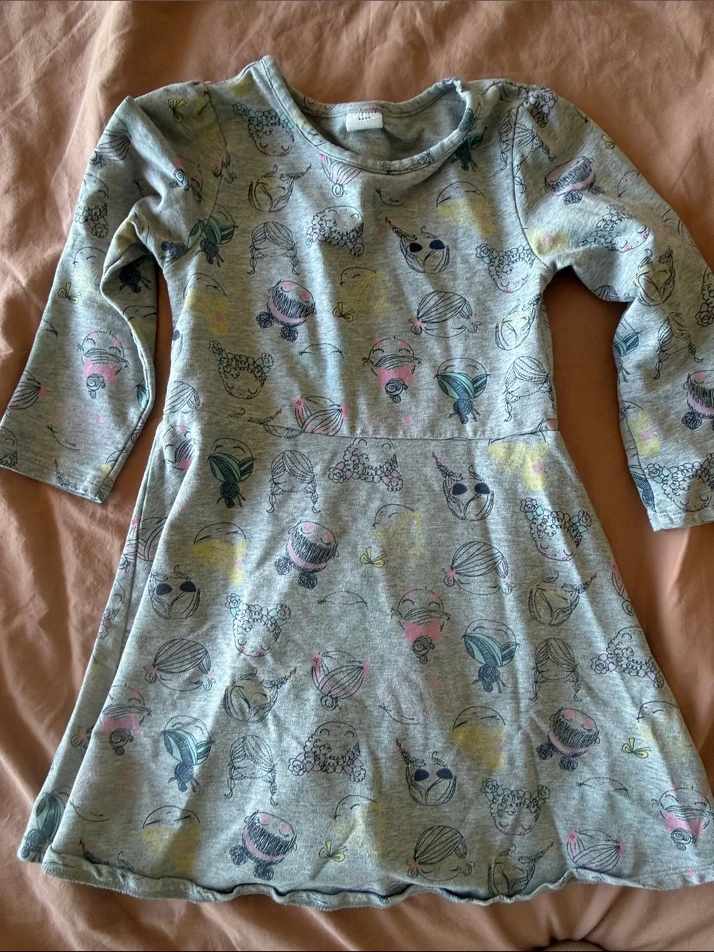 GAP Light Gray Long-Sleeve Knit Dress with Pink, Blue & Yellow Accents